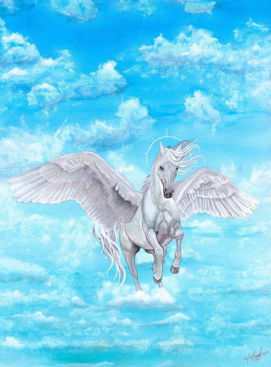 The Pegasus, an original fantasy watercolor painting by Michael Lombardi
