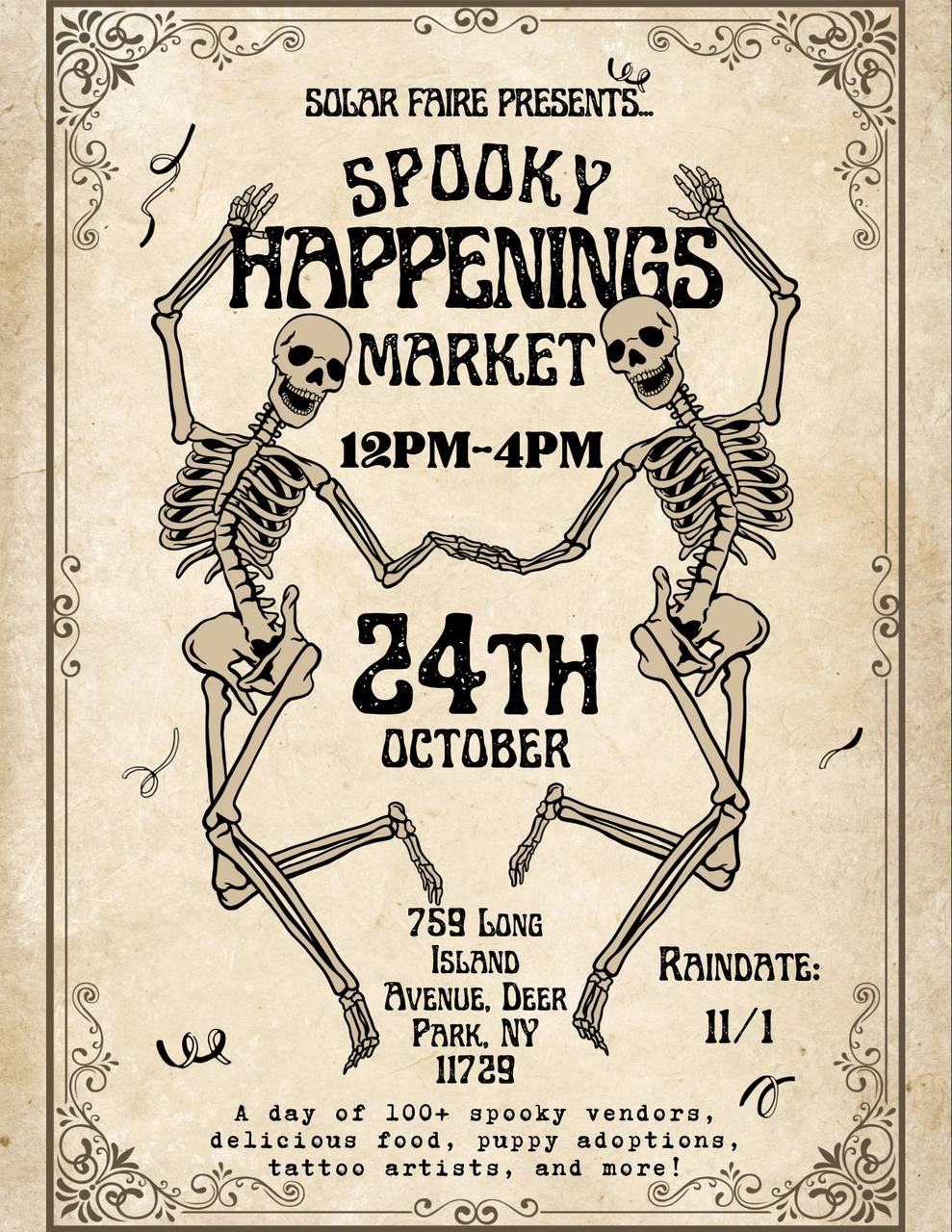 Flyer for NYSF Spooky Happenings Market, hosted by NY Solar Faire