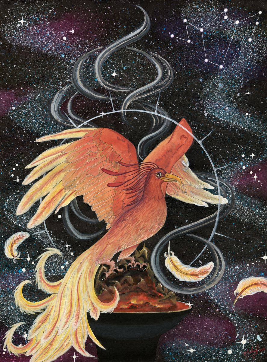 The Phoenix, an original fantasy watercolor painting by Michael Lombardi