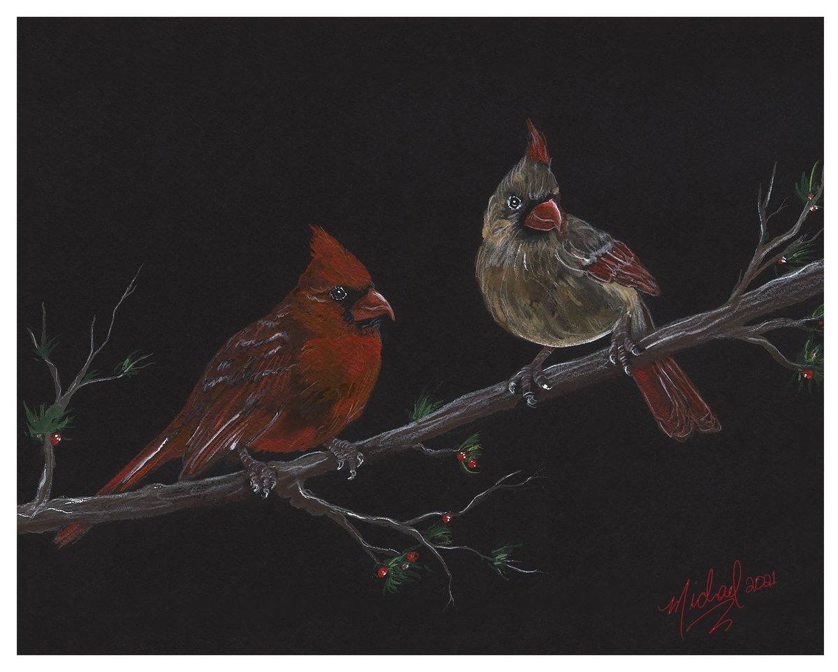 Cardinal Pair, an original artwork on black paper by Michael Lombardi