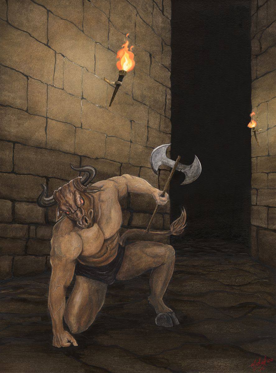 The Minotaur, an original fantasy watercolor painting by Michael Lombardi