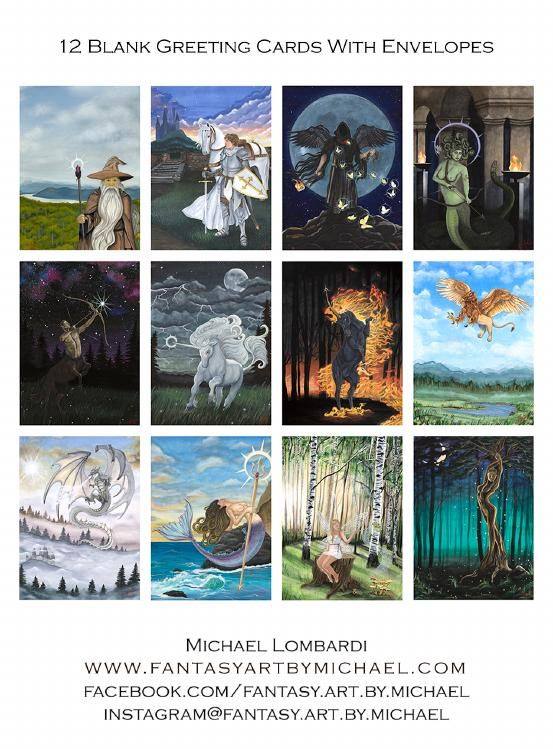 Fantasy greeting card pack — back, showing all 12 card designs