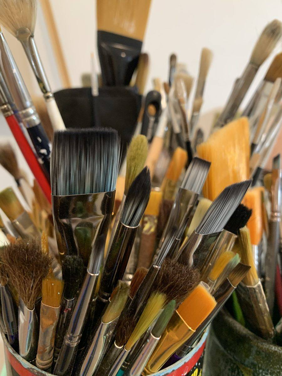 Close-up of the artist's paintbrushes