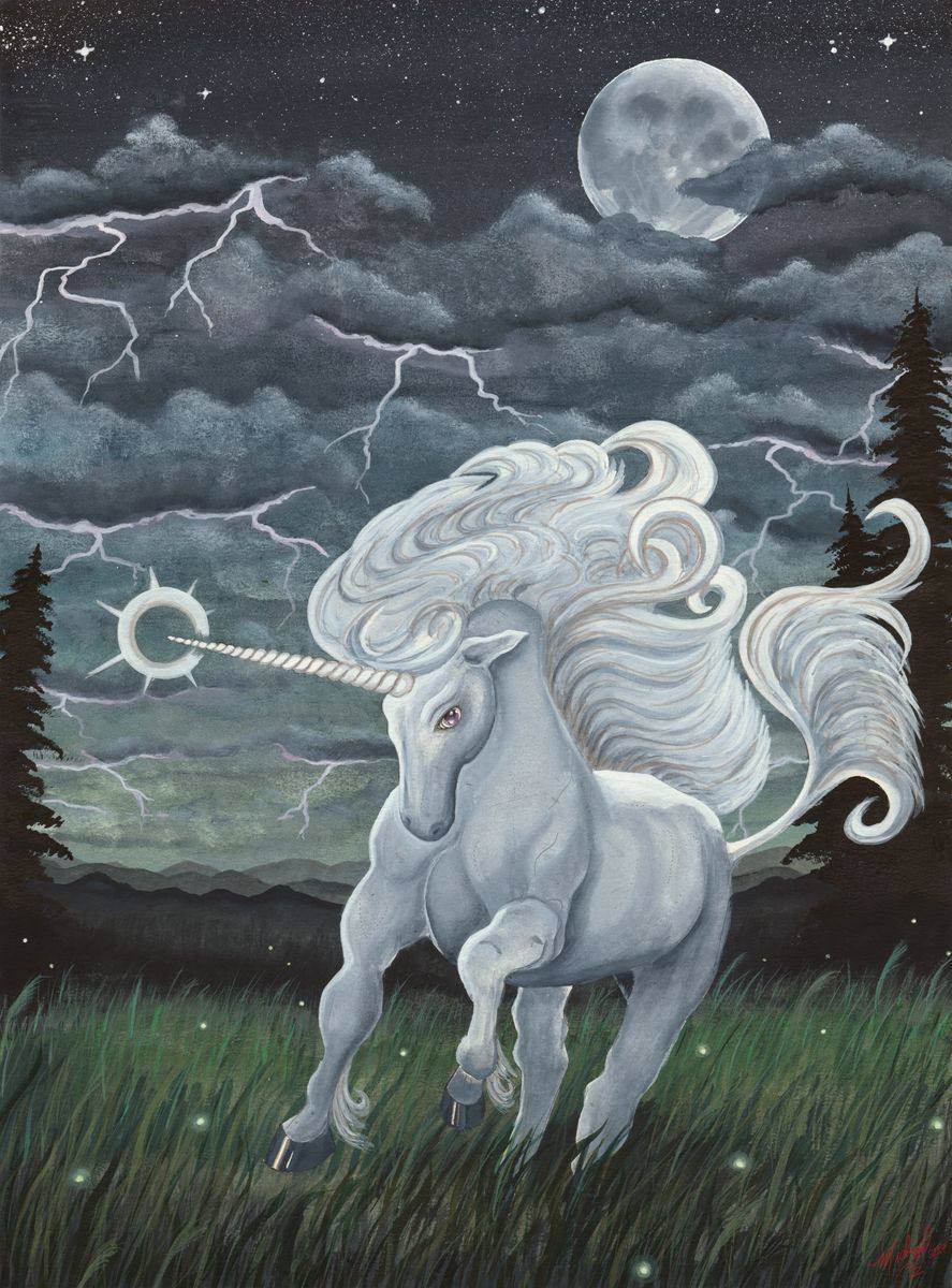 The Unicorn, an original fantasy watercolor painting by Michael Lombardi