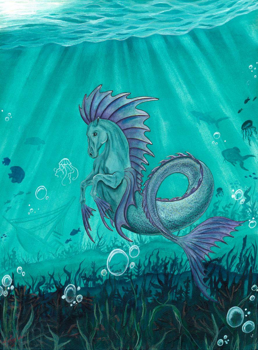 The Hippocampus, an original fantasy watercolor painting by Michael Lombardi