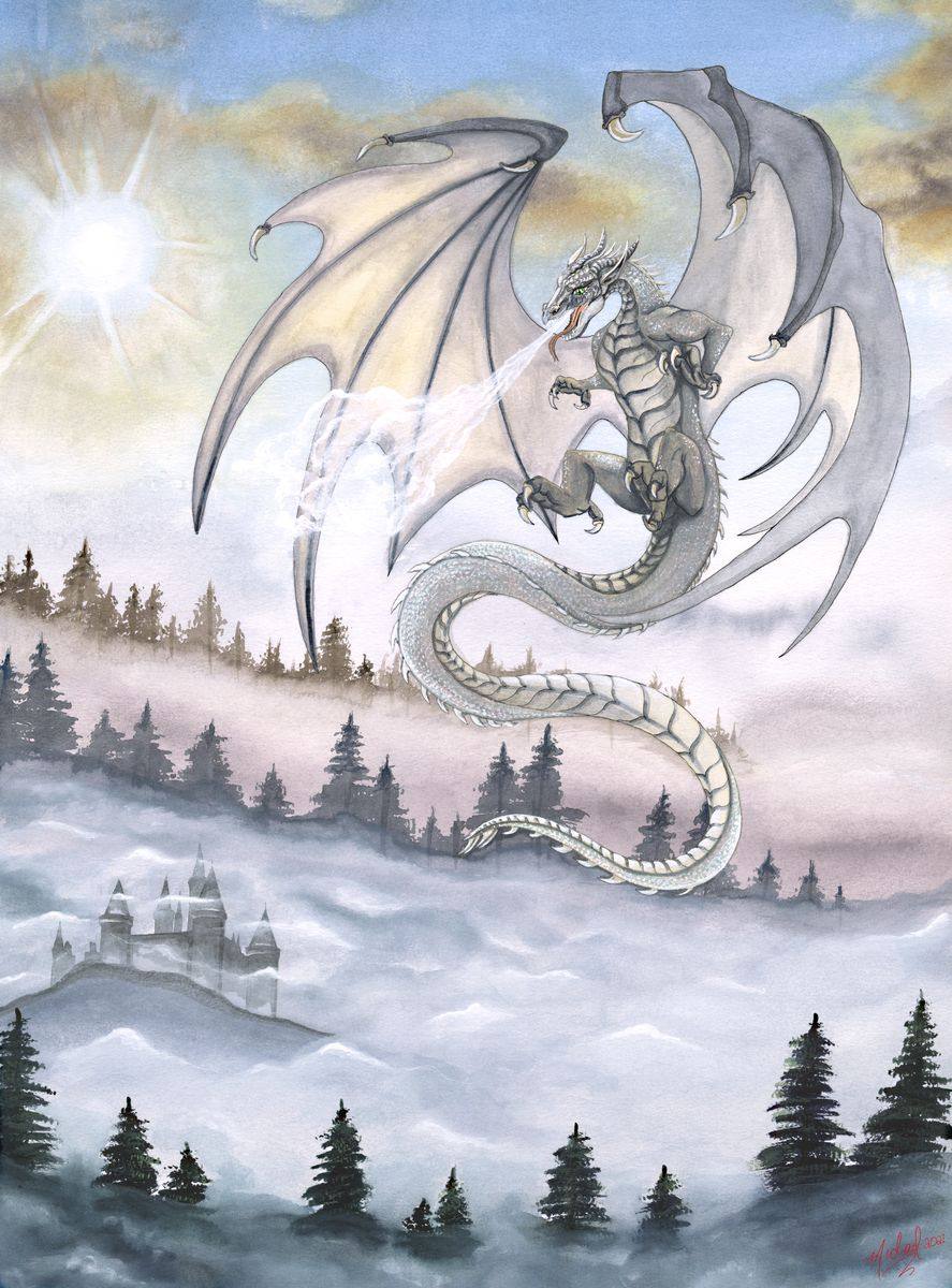 The Mist Dragon, an original fantasy watercolor painting by Michael Lombardi