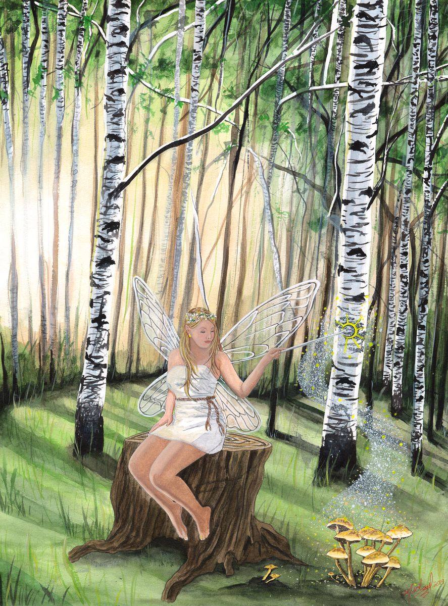 The Faerie, an original fantasy watercolor painting by Michael Lombardi