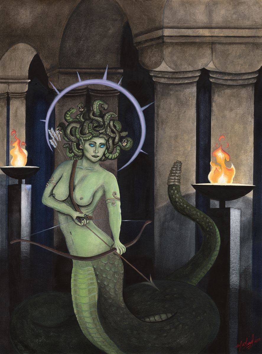The Gorgon (Medusa), an original fantasy watercolor painting by Michael Lombardi