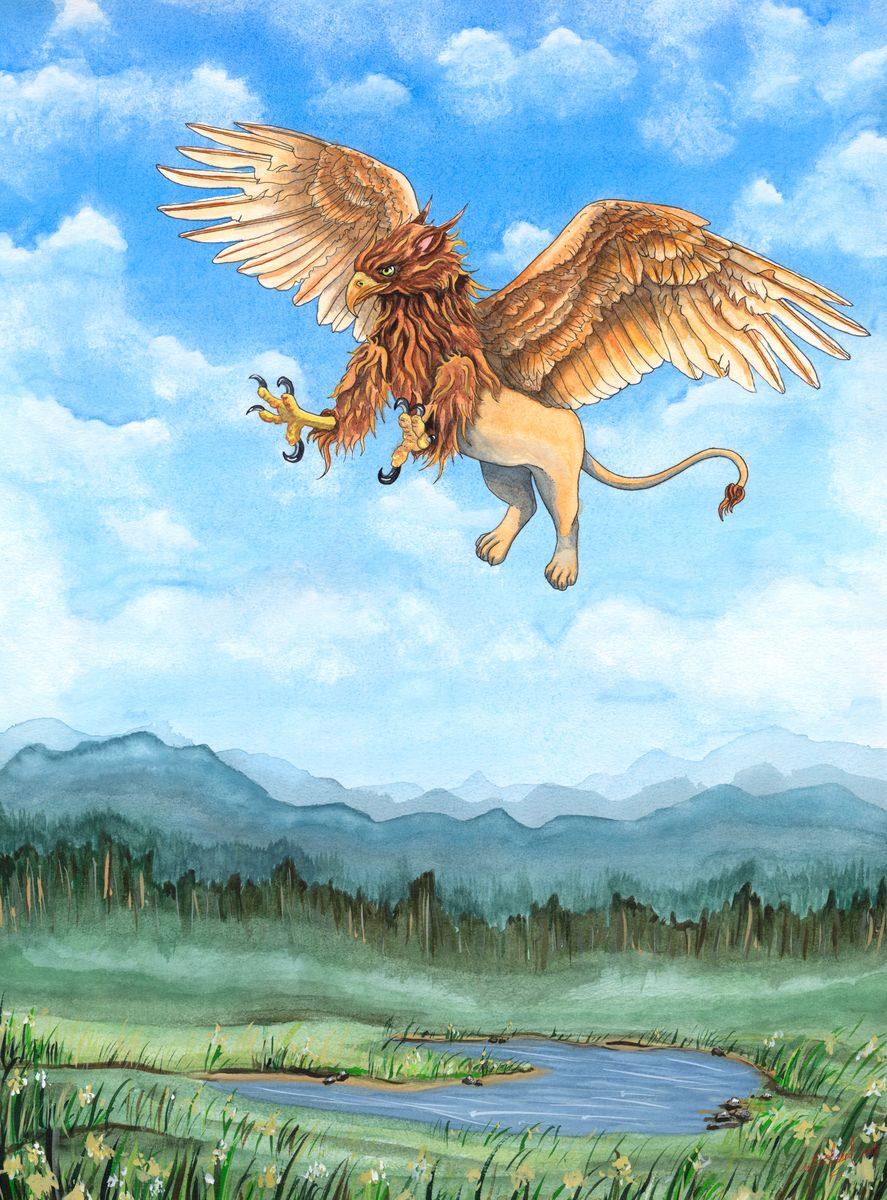 The Griffin, an original fantasy watercolor painting by Michael Lombardi