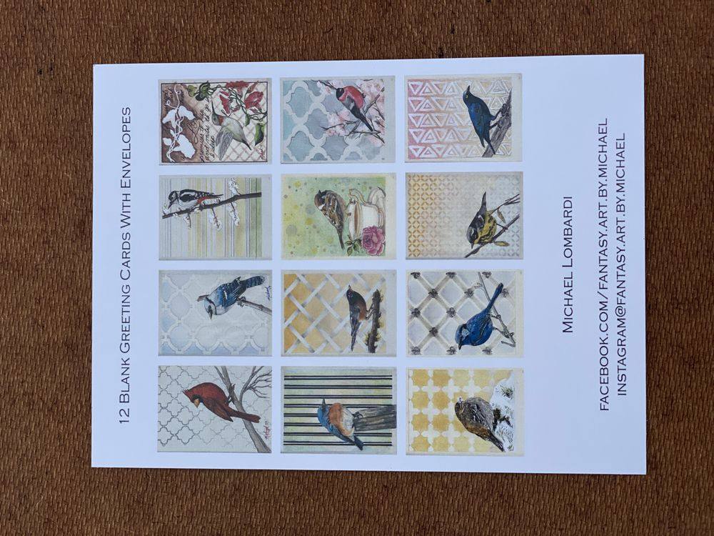 Bird greeting card pack — back insert showing all 12 card designs
