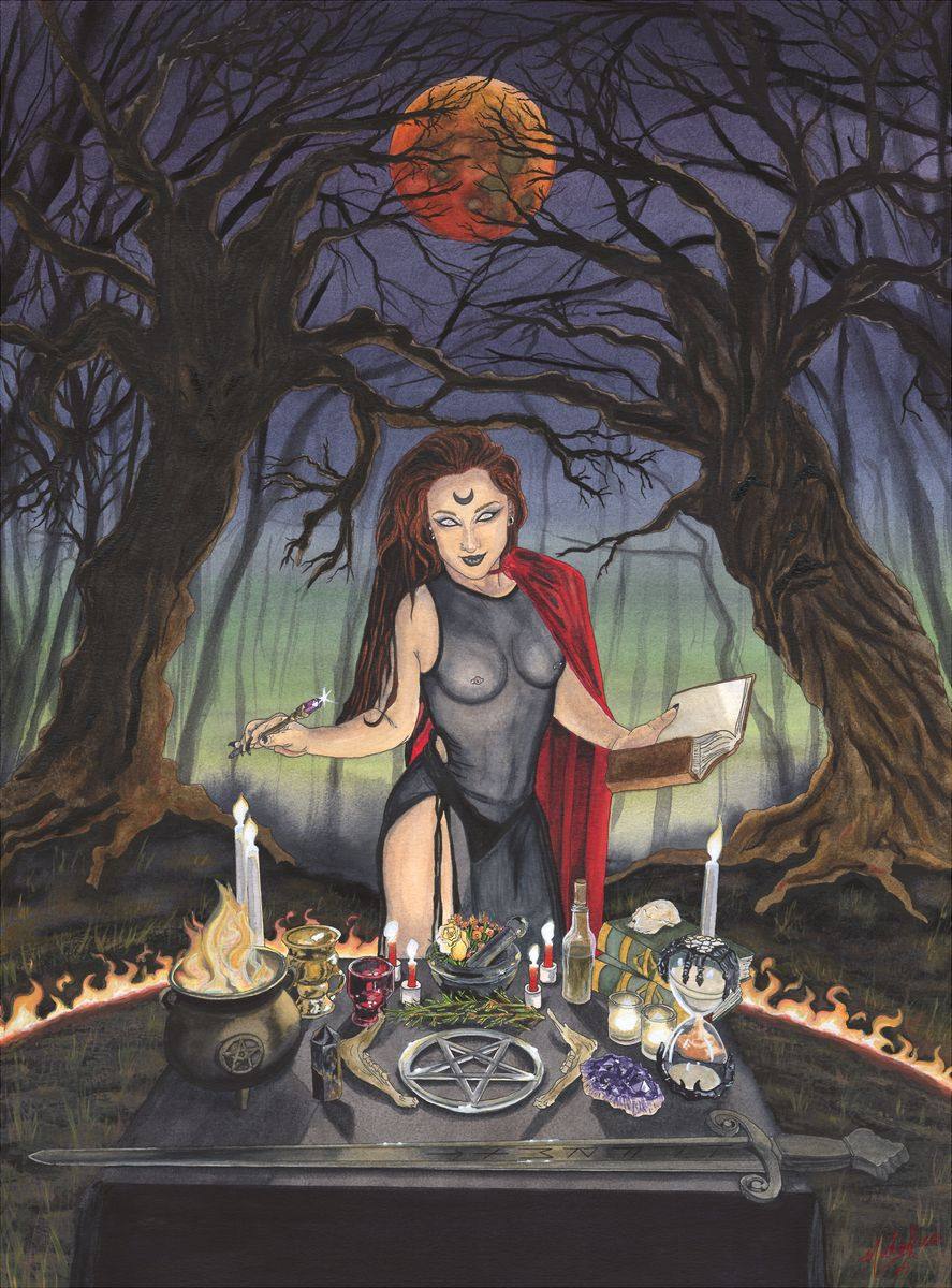 The Dark Sorceress, an original fantasy watercolor painting by Michael Lombardi