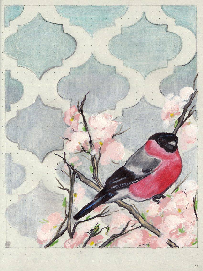 Bullfinch, an original colored pencil and mixed media artwork by Michael Lombardi